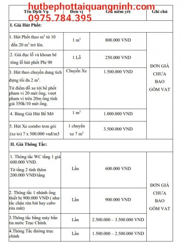 BẢNG GIÁ DỊCH VỤ HÚT BỂ PHỐT – THÔNG TẮC GIÁ RẺ TẠI CÔNG TY MÔI TRƯỜNG QUẢNG NINH  LIÊN HỆ: 0975.784.395